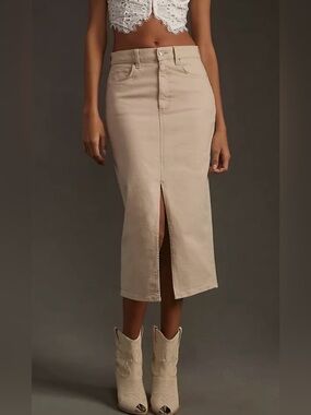 Paige High-Rise Beige Midi Skirt with Front Slit